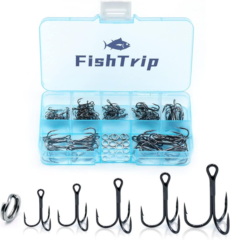 FishTrip 200pcs Fishing Treble Hooks with Split Rings, 5 Sizes High Carbon Steel Brabed Sharp Triple Hook,Replacement Fishing Hooks on Hard Lures for Freshwater Saltwater - Image 1